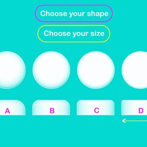 Puede incluir: Un gr&aacute;fico que muestra cuatro formas diferentes, etiquetadas como A, B, C y D. Las formas son blancas con un contorno azul claro. El texto "Elige tu forma" y "Elige tu tama&ntilde;o" se muestra encima de las formas.