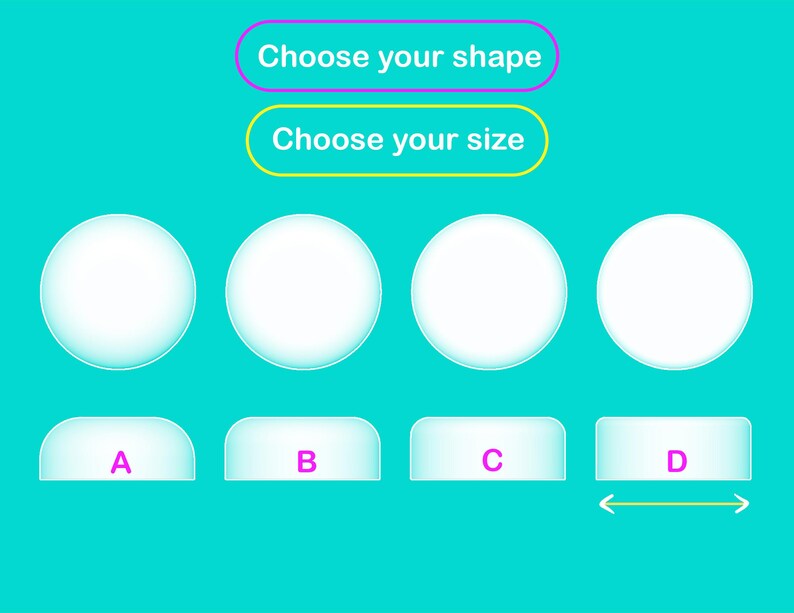 Puede incluir: Un gr&aacute;fico que muestra cuatro formas diferentes, etiquetadas como A, B, C y D. Las formas son blancas con un contorno azul claro. El texto "Elige tu forma" y "Elige tu tama&ntilde;o" se muestra encima de las formas.