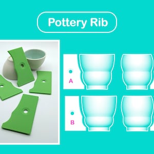May include: Four green pottery ribs, each with a hole in the centre, are arranged on a white surface. A white ceramic bowl is in the background. The image is labelled "Pottery Rib".