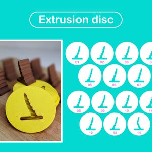 May include: A set of 14 yellow foam discs with a white outline and a graphic of a sawtooth pattern. The discs are numbered 01 through 14. The text "Extrusion disc" is written in white letters on a yellow background.