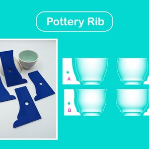 May include: Four blue rubber pottery ribs for shaping clay. The ribs are shown on a white surface. A diagram shows how to use the ribs to create different shapes on a ceramic cup.
