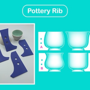May include: A selection of blue pottery ribs and a small ceramic bowl. The image also shows four diagrams of different cup shapes, labelled A, B, C, and D. The text "Pottery Rib" is at the top.