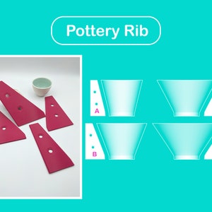 May include: Four pink pottery ribs with holes, labeled A, B, C, and D, are shown next to a diagram of a pottery bowl with the title "Pottery Rib".