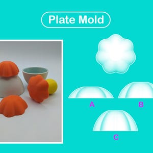 Puede incluir: Imagen que muestra un molde para platos con el texto "Plate Mold". La imagen incluye un cuenco de cerámica blanca, moldes de silicona naranja y una esfera amarilla. Los moldes tienen forma de flor.