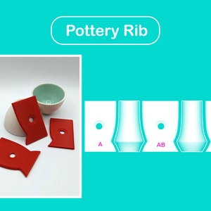 May include: Three red pottery rib tools with a hole in the centre of each tool. The tools are on a white surface next to a white ceramic bowl and a light green ceramic bowl. A diagram shows how to use the tools to create different pottery shapes.