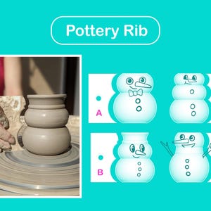 May include: A pottery rib, a tool used in pottery making, is shown on a pottery wheel. The rib is being used to shape a clay pot. The image also shows four different snowman designs labeled A, B, C, and D. The text "Pottery Rib" is at the top of the image.