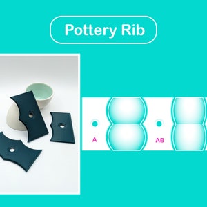 May include: Three dark blue pottery rib tools with a hole in the centre of each. The tools are on a white surface. The image also shows a diagram of three pottery forms labelled A, AB, and B.