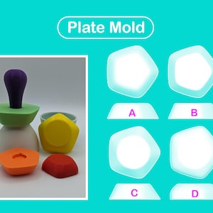 Op de afbeelding: Een set van vier witte plastic platenvormen, gelabeld A, B, C en D. De vormen zijn stervormig met vijf punten. De vormen zijn gerangschikt in twee rijen van twee. De vormen bevinden zich op een blauwe achtergrond.