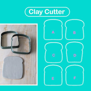 Può includere: Un set di tagliapasta per argilla a forma di fette di pane, con il testo Clay Cutter. L'immagine mostra due tagliapasta metallici fisici e una forma in argilla grigia, insieme a un diagramma che illustra sei varianti etichettate da A a F.