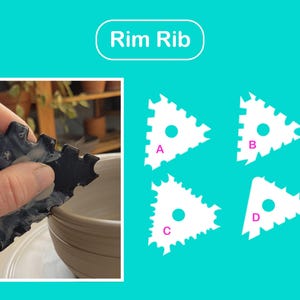 Può includere: Un set di quattro strumenti in ceramica triangolari bianchi etichettati A, B, C e D. Gli strumenti hanno bordi seghettati e un foro al centro. Gli strumenti sono utilizzati per modellare e lisciare il bordo della ceramica.