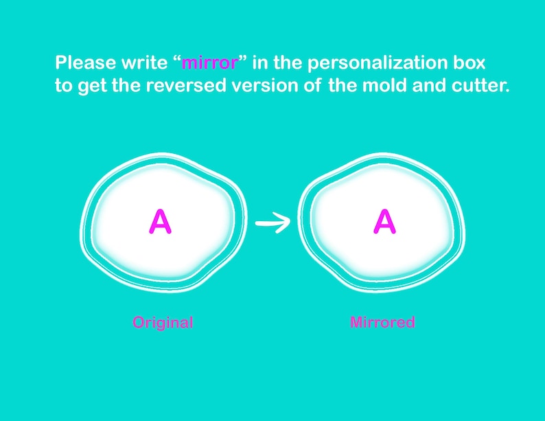 Peut inclure: Un graphique turquoise montrant un design original et en miroir. Le design original est une forme blanche avec un "A" rose &agrave; l'int&eacute;rieur, et la version en miroir est &agrave; droite. Le texte indique : "Veuillez &eacute;crire 'mirror' dans la case de personnalisation pour obtenir la version invers&eacute;e."