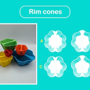 May include: Four colourful plastic bowls with a wavy rim, labelled A, B, C, and D. The bowls are stacked on top of each other, with the largest bowl at the bottom and the smallest bowl at the top. The bowls are all different colours: green, orange, yellow, and blue.
