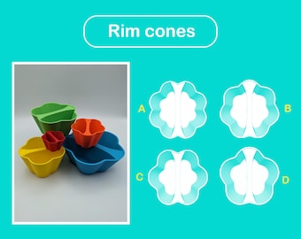 May include: Four colorful plastic bowls with a wavy rim, labeled A, B, C, and D. The bowls are stacked on top of each other, with the largest bowl at the bottom and the smallest bowl at the top. The bowls are all different colors: green, orange, yellow, and blue.