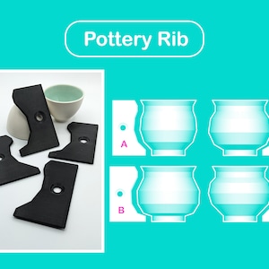 May include: Black pottery ribs with a hole and curved edges are displayed. The image also shows a white ceramic bowl and diagrams of different pot shapes labeled A, B, C, and D. The text "Pottery Rib" is at the top.