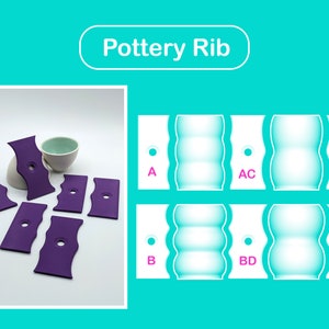 Peut inclure: Plusieurs outils de poterie violets de différentes formes et un petit bol en céramique. L'image présente également des schémas de différents profils de côtes, étiquetés A, AC, C, B et BD. Le texte "Pottery Rib" est en haut.