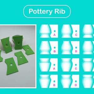 Può includere: Una collezione di stecche per ceramica verdi, con varie forme e dimensioni, è esposta su una superficie bianca. L'immagine include anche un diagramma di diverse forme di ceramica etichettate dalla A alla F, e il testo "Pottery Rib".