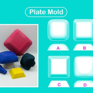 Può includere: Stampo per piatto - A, B, C e D sono etichettati nell'immagine. Sono mostrati quattro diversi stampi per piatti. Gli stampi sono quadrati e hanno un bordo arrotondato. Gli stampi sono bianchi e traslucidi. Gli stampi sono mostrati su uno sfondo blu chiaro.
