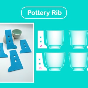 Könnte beinhalten: Eine Auswahl an blauen Töpferrippen vor weißem Hintergrund. Das Bild zeigt vier blaue Rippen in verschiedenen Formen und eine kleine Keramikschale. Der Text "Pottery Rib" wird in einem weißen Oval angezeigt.