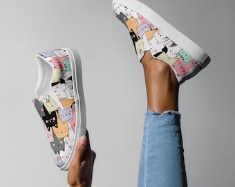 Women's Whimsical Cat Slip-On Canvas Sneakers – Animal Print Casual Shoes