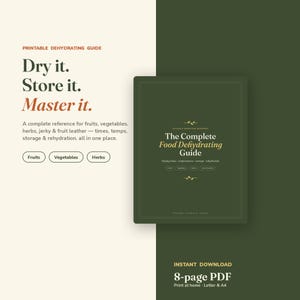 May include: A printable dehydrating guide featuring the text Dry it. Store it. Master it. and The Complete Food Dehydrating Guide. This 8-page PDF document includes information on fruits, vegetables, herbs, jerky, and fruit leather, with drying times, temperatures, storage, and rehydration details.