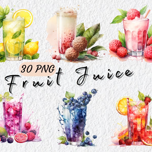 30 PNG Fruit Juice Clipart - Watercolor Fruit Juice & Beverages Summer Drinks - Smoothie - Digital Download, for Scrapbook Journal Card Mug