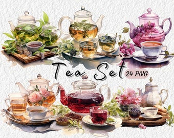 24 PNG Tea Set Clipart - Watercolor Tea Cup & Tea Pot - Tea Party - Digital Download, Free Commercial Use, for Scrapbook Journal Cards Mugs