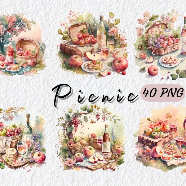 40 PNG Picnic Clipart - Watercolor Whimsical outdoor activities, Digital Download, Free Commercial Use, for Scrapbook Journal Cards Mugs