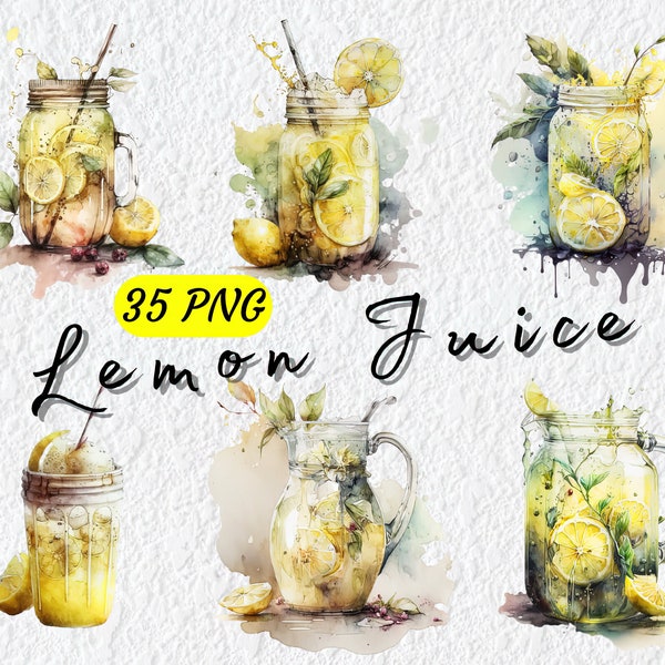 35 PNG Lemonade Clipart - Watercolor Lemon Juice -Beverages & Drinks- Digital Download, Free Commercial Use, for Scrapbook Journal Card Mug