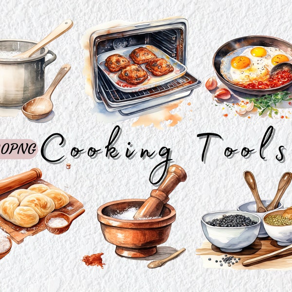 20 PNG Cooking Tools Clipart, Watercolor Kitchen Tools, Food Clipart, Kitchen Decor, Digital Download, Free Commercial Use, For DIY Crafts,