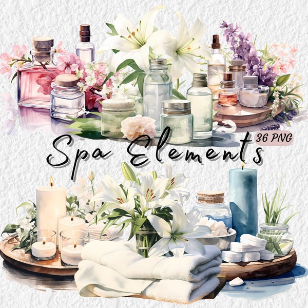 36 PNG Spa Elements Clipart, Watercolor Relaxation and Wellness cliparts, Spa Icons and Symbols Set, Digital Download, Free Commercial Use