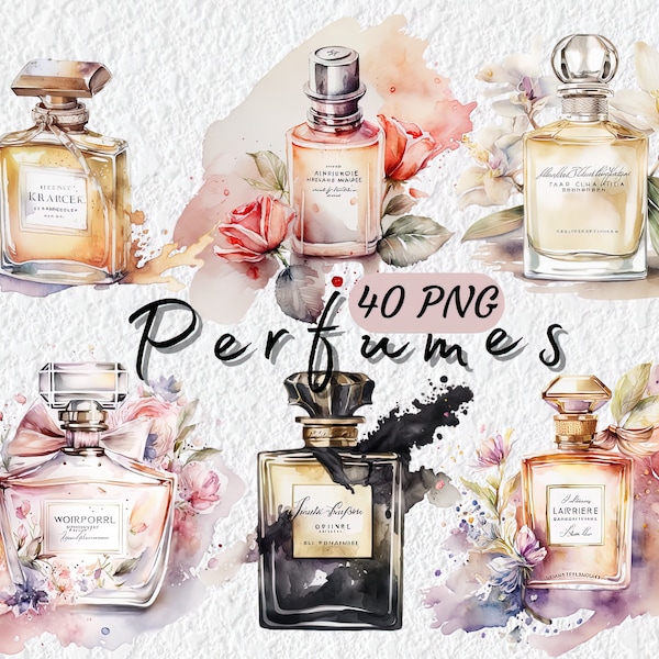 40 PNG Watercolor Perfume Clipart, Enchanting Perfume bottle, French Perfume Clipart, Parfum, Digital Download, Free Commercial Use, 300 DPI