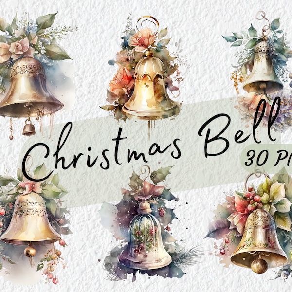 30 PNG Christmas Bell Clipart, Watercolor Jingle Bell, Winter Bell Clipart, Digital Download, Free Commercial Use, for Scrapbook Journal