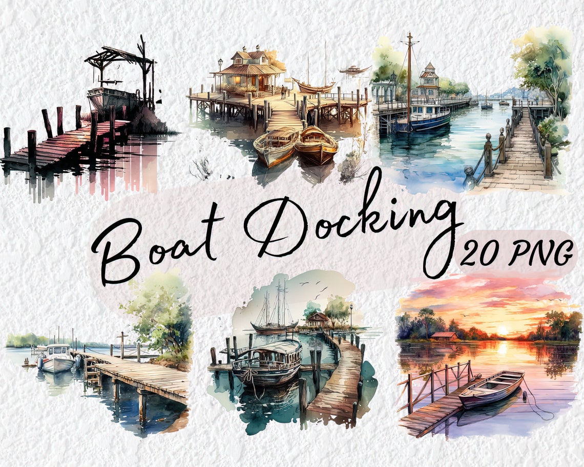 20 PNG Boat Docking Clipart Watercolor Boat Dock Scenes, Nautical Boat ...