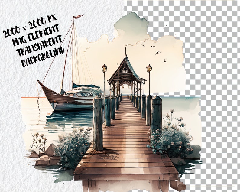 20 PNG Boat Docking Clipart Watercolor Boat Dock Scenes, Nautical Boat ...