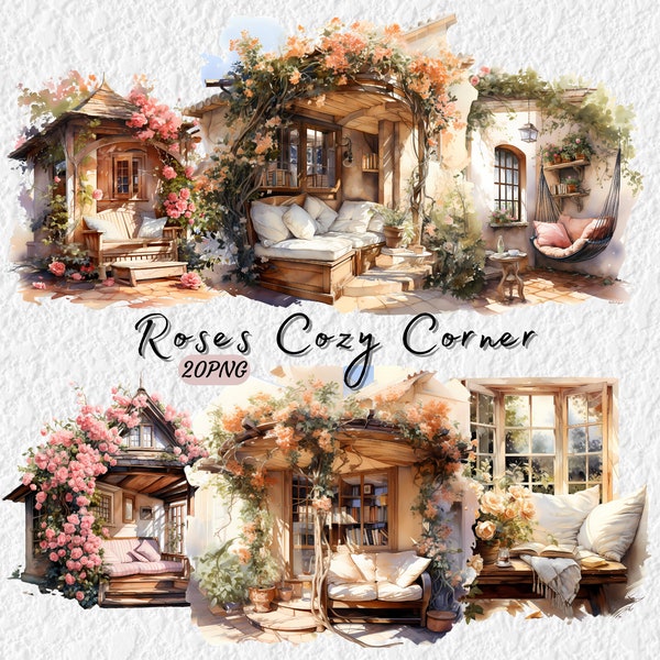 Roses Cozy Corner Clipart, Watercolor Roses, Cozy Room Clipart, Floral Garden Art, Digital Download, Free Commercial Use, 20 PNG 300 DPI