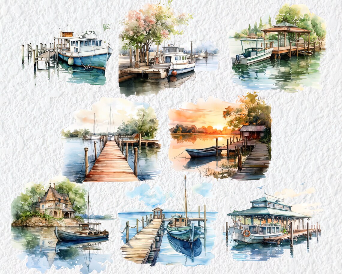 20 PNG Boat Docking Clipart Watercolor Boat Dock Scenes, Nautical Boat ...