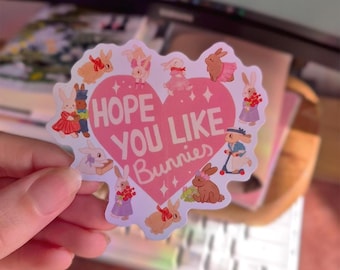 May include: A sticker with a pink heart shape and the words "HOPE YOU LIKE Bunnies". The sticker features illustrations of bunnies in various outfits and poses, with a light pink background and a white border.