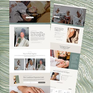Può includere: Un layout di sito web per Marlin Morgan Skincare Co. che presenta diverse sezioni con testo, fotografie di persone in ambienti spa, informazioni sulla consulenza cutanea e una guida alla preparazione con una tavolozza di colori tenui.