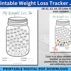 May include: Printable weight loss tracker jar with a black and white outline of a mason jar with numbers 1-50 inside. The jar is filled with colored circles to represent weight loss. The text "My Weight Loss Jar" is at the top of the page. The text "Printable Digital PDF Download" is at the bottom of the page.