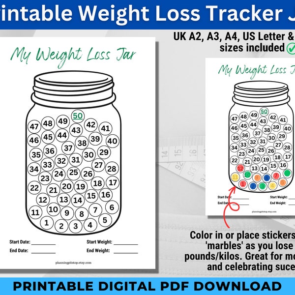 Printable Weight Loss Tracker Jar - PDF in A2, A3, A4, Tabloid & Letter, calorie counting, slimming world, weight watchers, Keto, Paleo