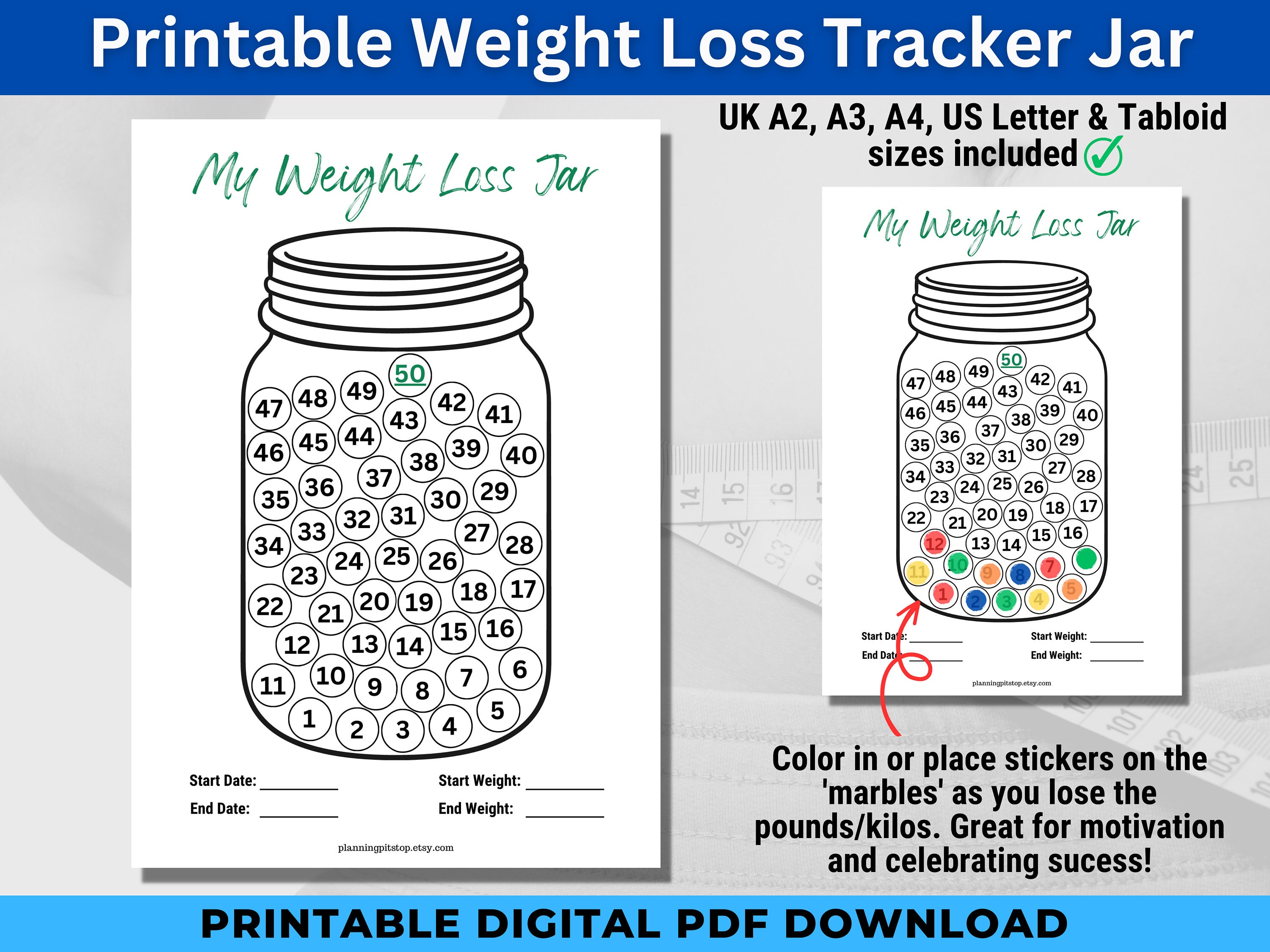 Printable Weight Loss Tracker Jar PDF in A2, A3, A4, Tabloid &amp; Letter ...