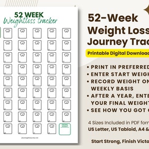 May include: Printable 52-week weight loss tracker with a scale design for each week. The tracker includes instructions to enter your starting weight, record your weight weekly, and enter your final weight after a year. The tracker is available in four sizes: US Letter, US Tabloid, A4, and A3.