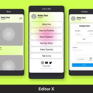 May include: A mobile phone screen mockup showing a link in bio page with a profile picture, name, category, and several buttons for different actions, including "About me", "View my Portfolio", "Want Freebies?", "My Etsy Shop", "Video Tutorials", and "Talk to me". The page also includes social media icons for Instagram, YouTube, and Twitter. The bottom of the page includes a "Privacy Policy" link and a copyright notice.