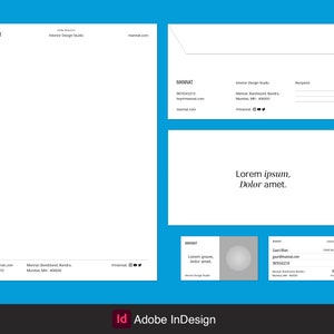 Modello InDesign di cancelleria per studio moderno: biglietto da visita, carta intestata e busta. Minimo
