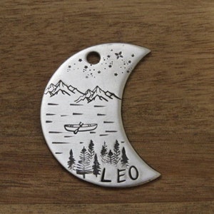 Metal Pet ID Tag, Metal Tag for Pet Collar, Pet ID Tag, Engraved Pet Tag, Custom Dog Tag, Moon, Pet Name Tag, Native Wolf Tag