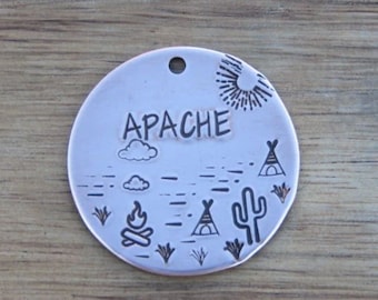 Desert Dog Tag, Metal Pet ID Tag, Round Heavy Dog Tag, Hand Stamped Dog Tag, Personalised Tags for Dogs, Pet Name Tag, Native Wolf Tag