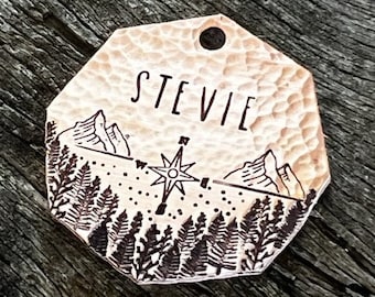 Copper Metal Dog Tag, Dog Tag with compass, Unique Pet Tag, Heavy Duty Metal Hand Stamped Tag, ID Pet Tag, pet collar, Native Wolf Pet Tags