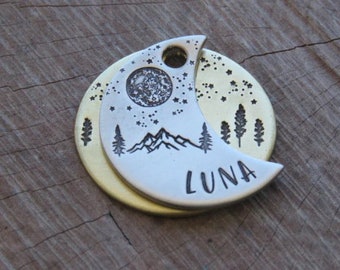 Handmade Pet Tag, Metal Tag, Custom Pet Tag, Engraved Tag, Moon Dog Tag, Hand Stamped Pet Tag, Personalised Tag, Pet ID, Native Wolf Tag