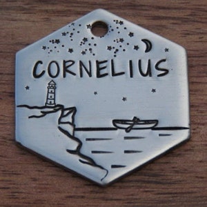 Custom Pet ID Tag, Engraved Pet Tag, Lighthouse, Handmade Metal Pet Tag, Pet ID Tag, Outdoor Pet Tag, Weatherproof, Native Wolf Tag