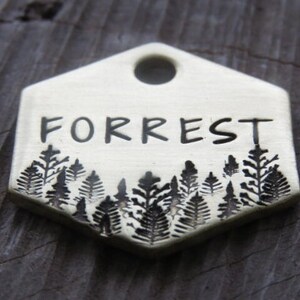 Puede incluir: Una placa hexagonal blanca para perro con el nombre "FORREST" grabado en letras negras. La placa presenta un diseño de bosque con árboles en silueta negra.